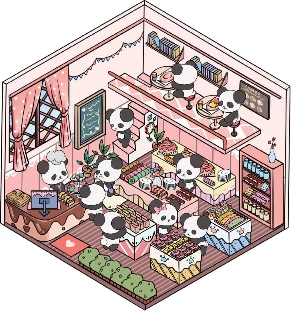 Cute Panda Sticker Scene, Panda Music Festival|Bookstore|Dessert Shop|Supermarket - OPICRAFT