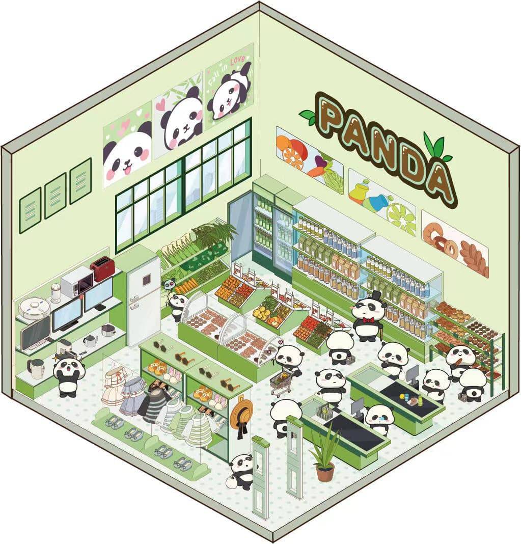 Cute Panda Sticker Scene, Panda Music Festival|Bookstore|Dessert Shop|Supermarket - OPICRAFT