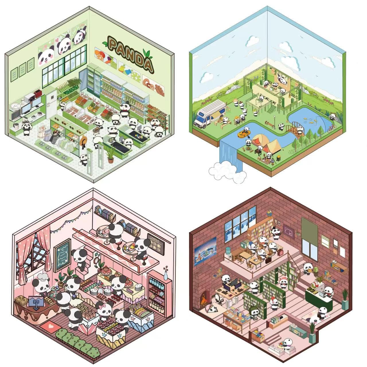 Cute Panda Sticker Scene, Panda Music Festival|Bookstore|Dessert Shop|Supermarket - OPICRAFT