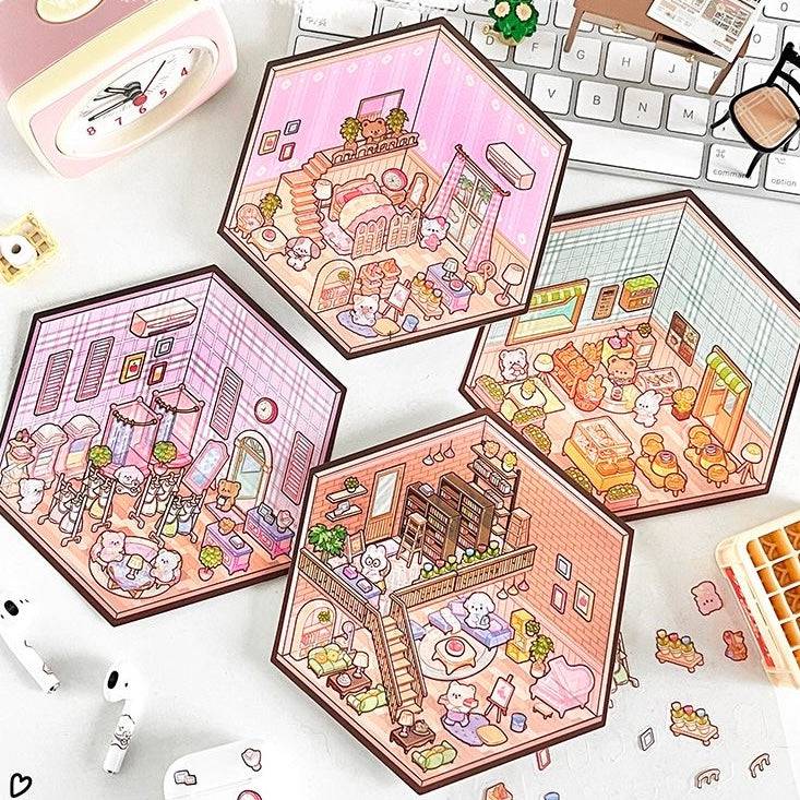 3D Puppy House Clothing Shop Dessert Shop Bookstore Sticker Scenes - OPICRAFT