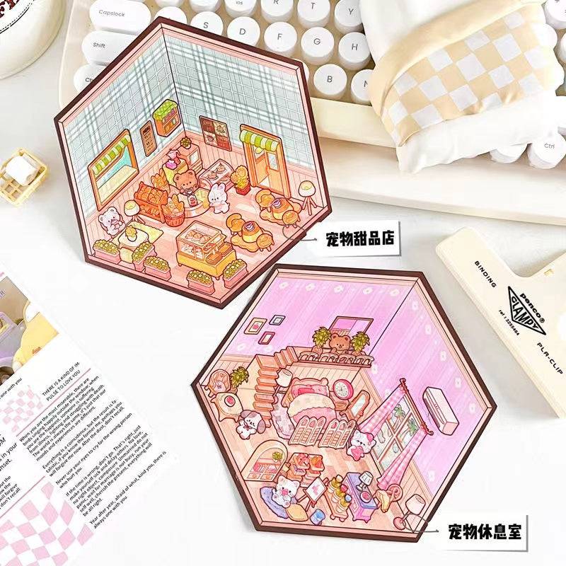 3D Puppy House Clothing Shop Dessert Shop Bookstore Sticker Scenes - OPICRAFT