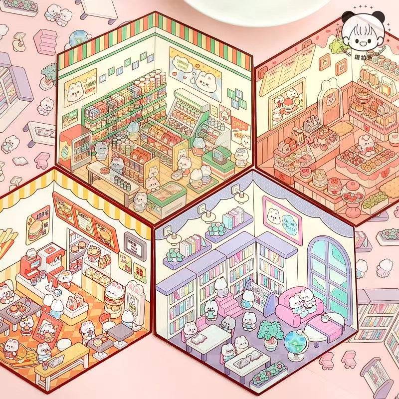 Stickers Scene, Make Cute Rabbit Dessert Shop|Rabbit Market|Bookstore|Burger Shop - OPICRAFT