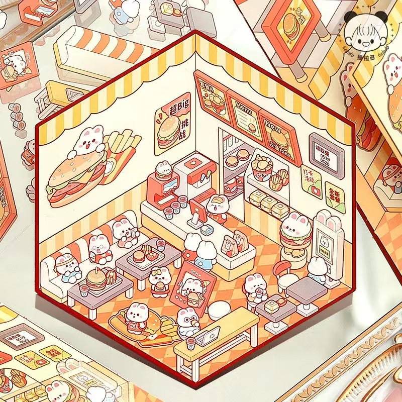 Stickers Scene, Make Cute Rabbit Dessert Shop|Rabbit Market|Bookstore|Burger Shop - OPICRAFT