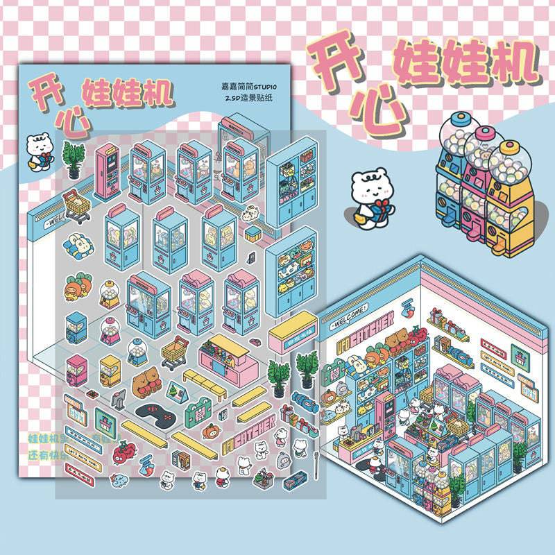3D Miniature Scene DIY Work Time Bookstore Claw Machine Night Market Stickers - OPICRAFT