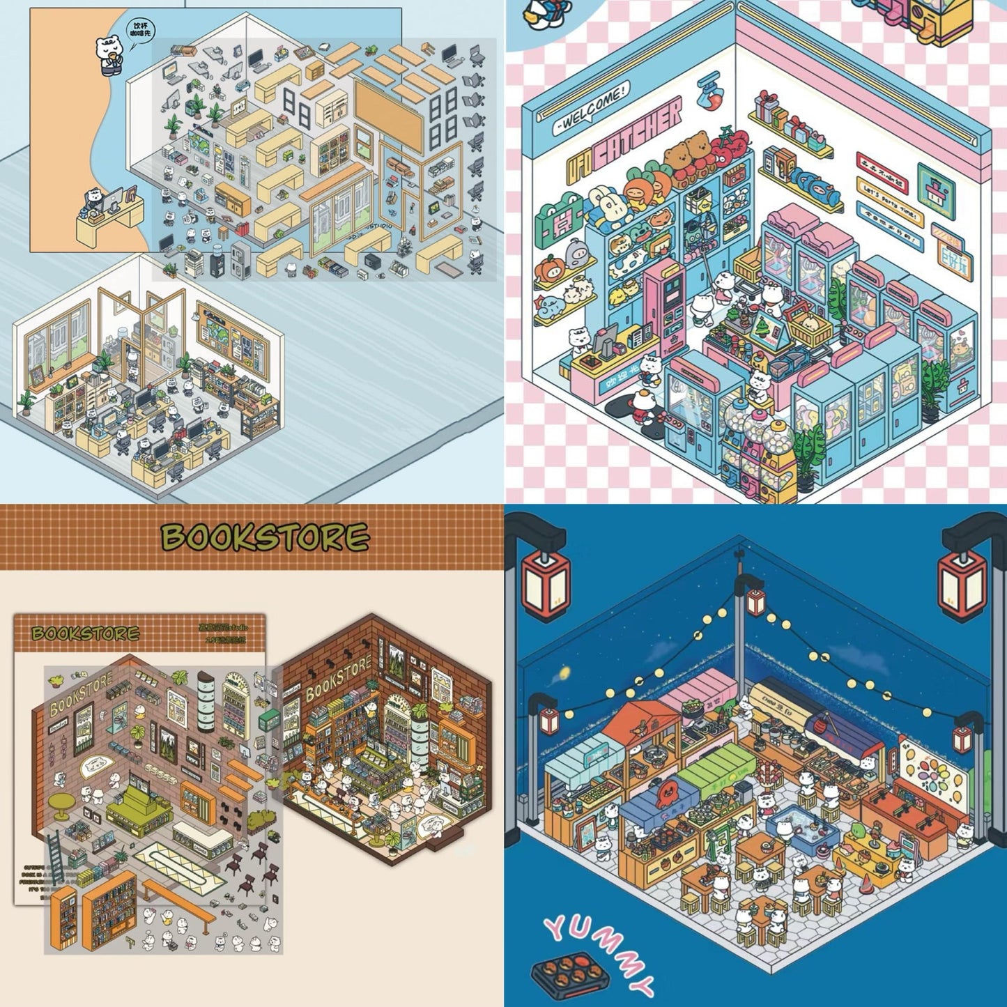 3D Miniature Scene DIY Work Time Bookstore Claw Machine Night Market Stickers - OPICRAFT