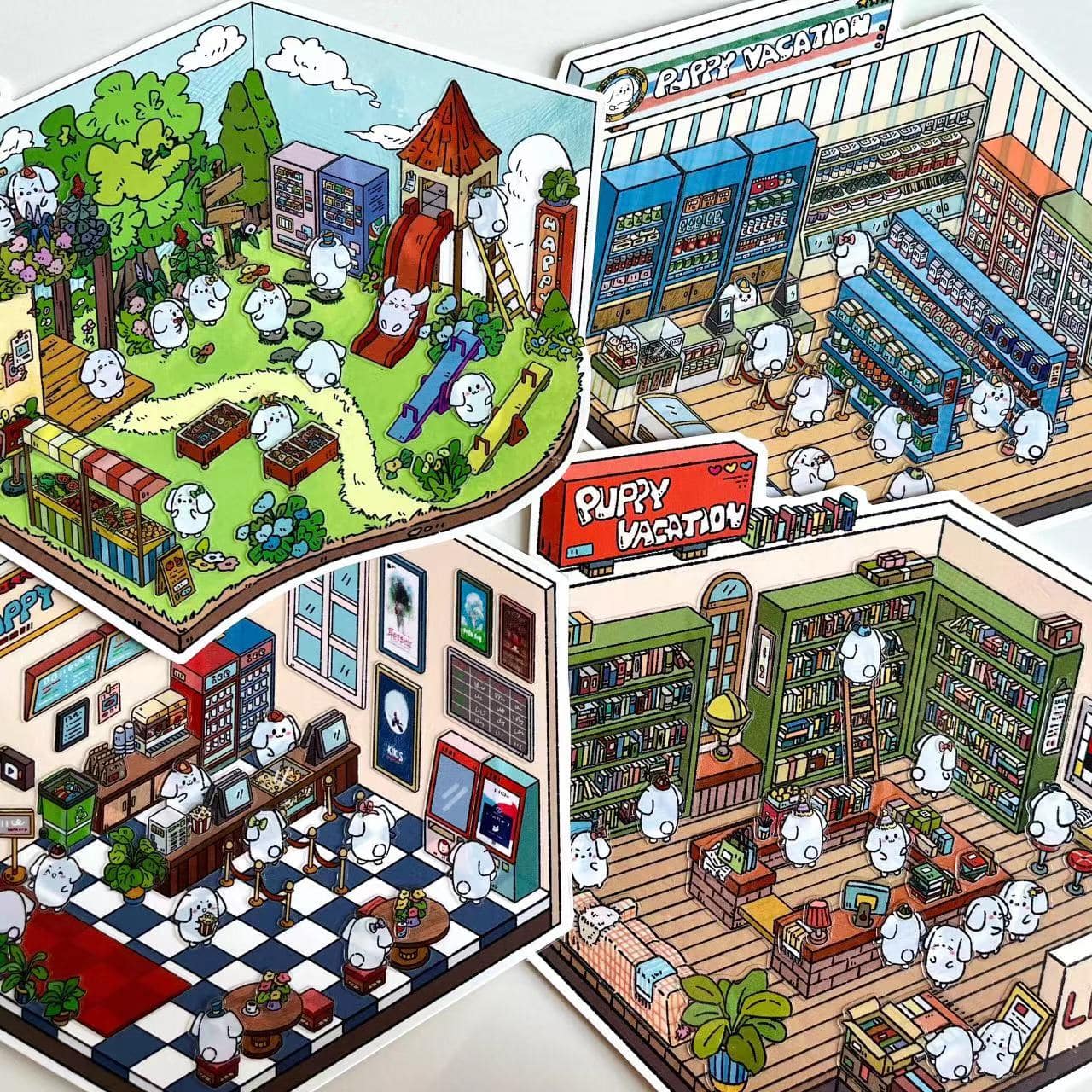 Puppy Sticker Scenes! Create your Own Four Puppy Library|Cinema|Resort|Market - OPICRAFT