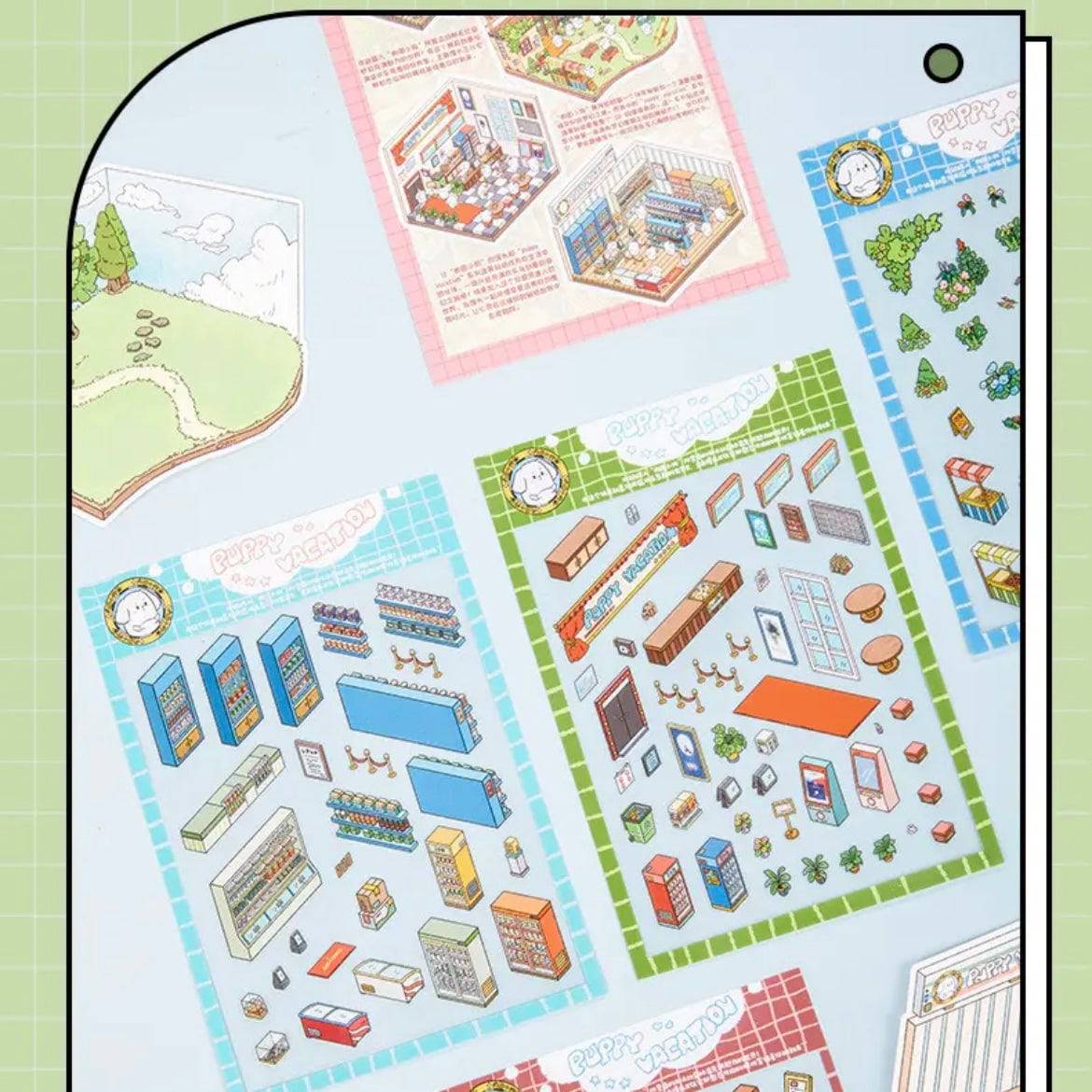 Puppy Sticker Scenes! Create your Own Four Puppy Library|Cinema|Resort|Market - OPICRAFT