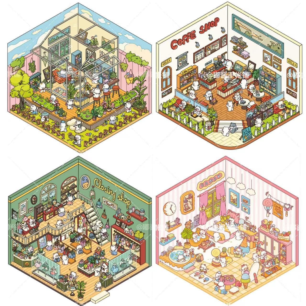 3D Sticker Scene,Make a Sunshine Greenhouse|Coffee Shop|Candy House|Clothing Shop - OPICRAFT