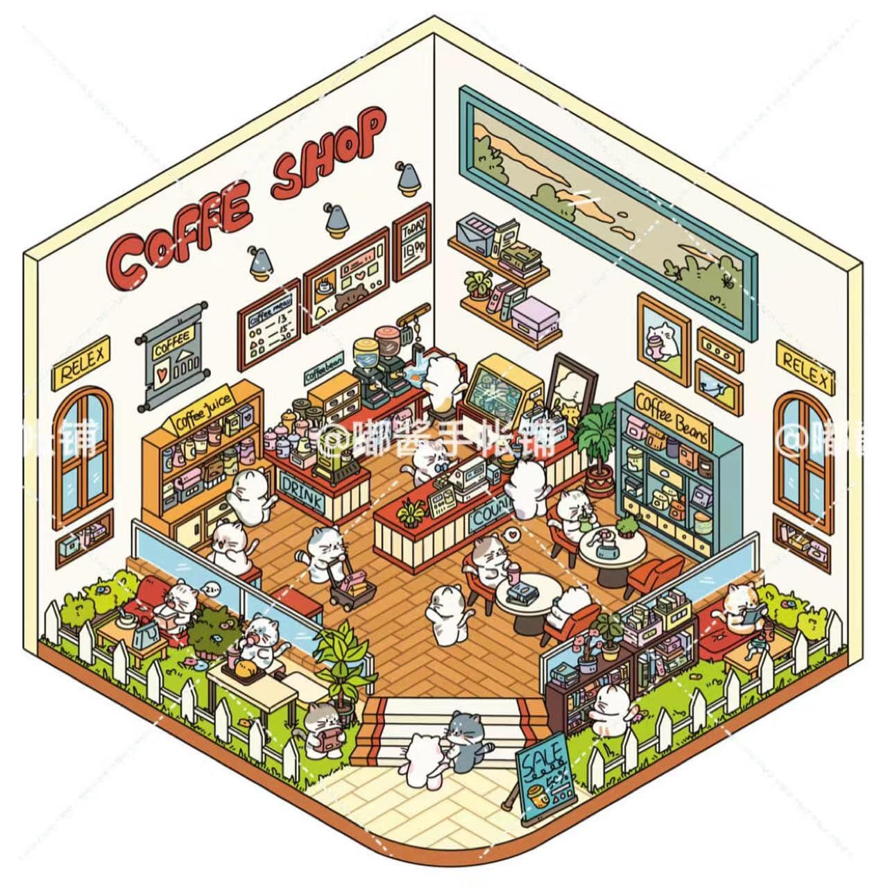 3D Sticker Scene,Make a Sunshine Greenhouse|Coffee Shop|Candy House|Clothing Shop - OPICRAFT