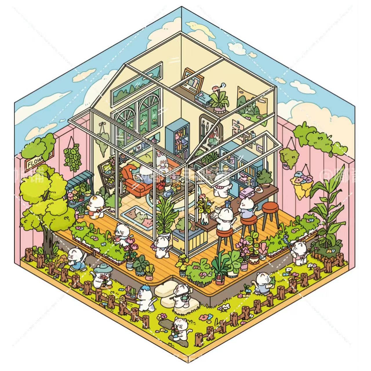 3D Sticker Scene,Make a Sunshine Greenhouse|Coffee Shop|Candy House|Clothing Shop - OPICRAFT