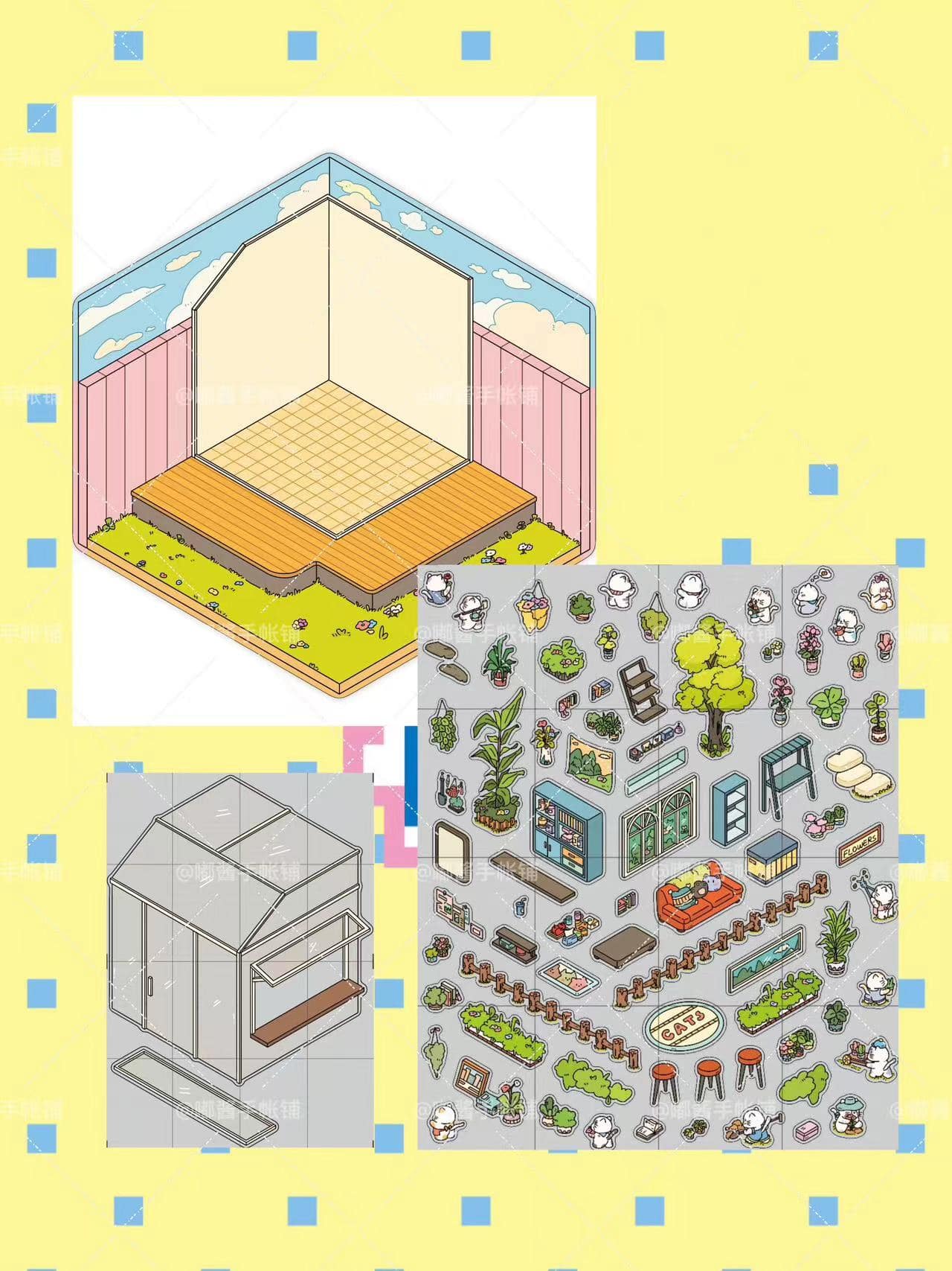3D Sticker Scene,Make a Sunshine Greenhouse|Coffee Shop|Candy House|Clothing Shop - OPICRAFT