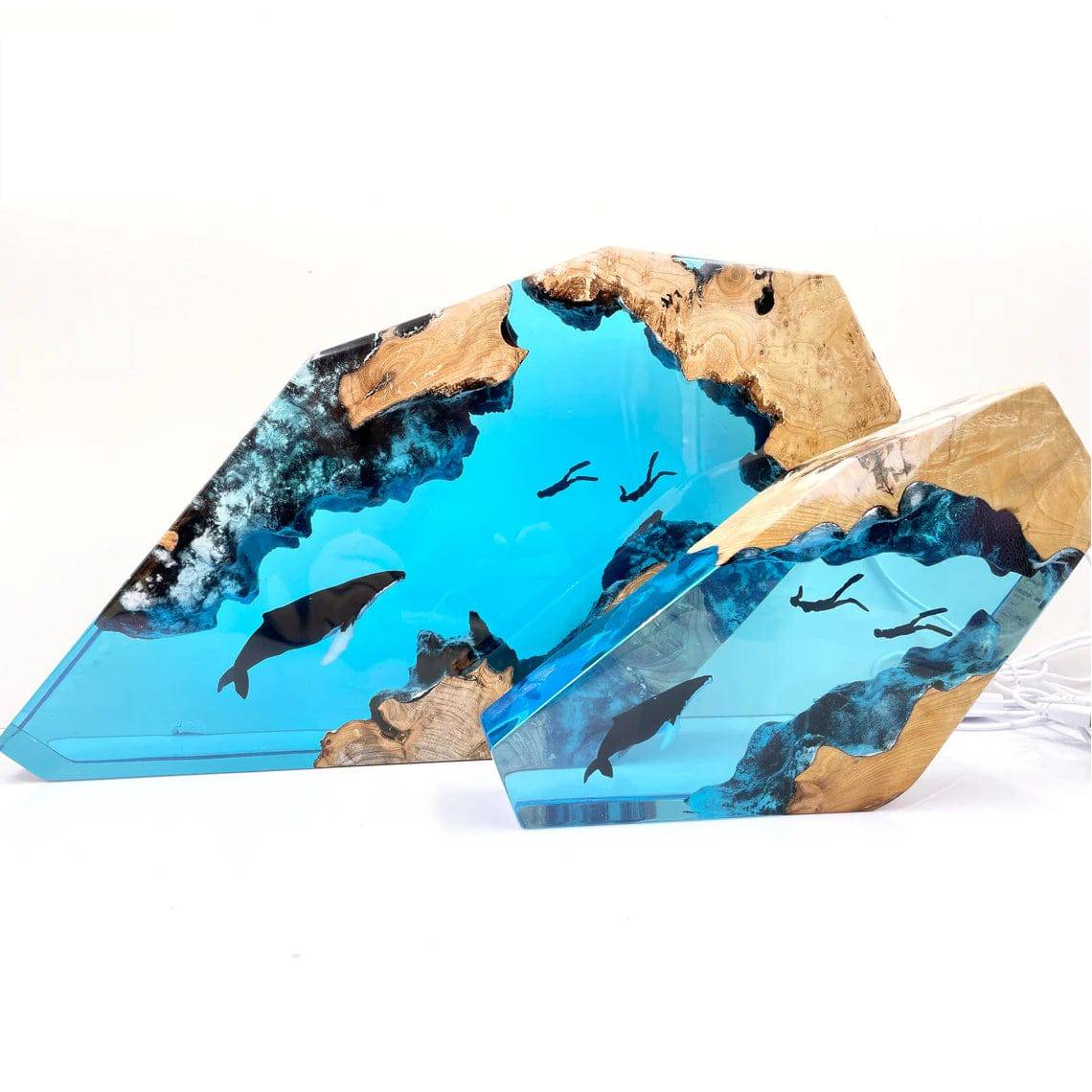 Humpback Whale Couple Diver Resin Night Light Blue Ocean Miniature - OPICRAFT