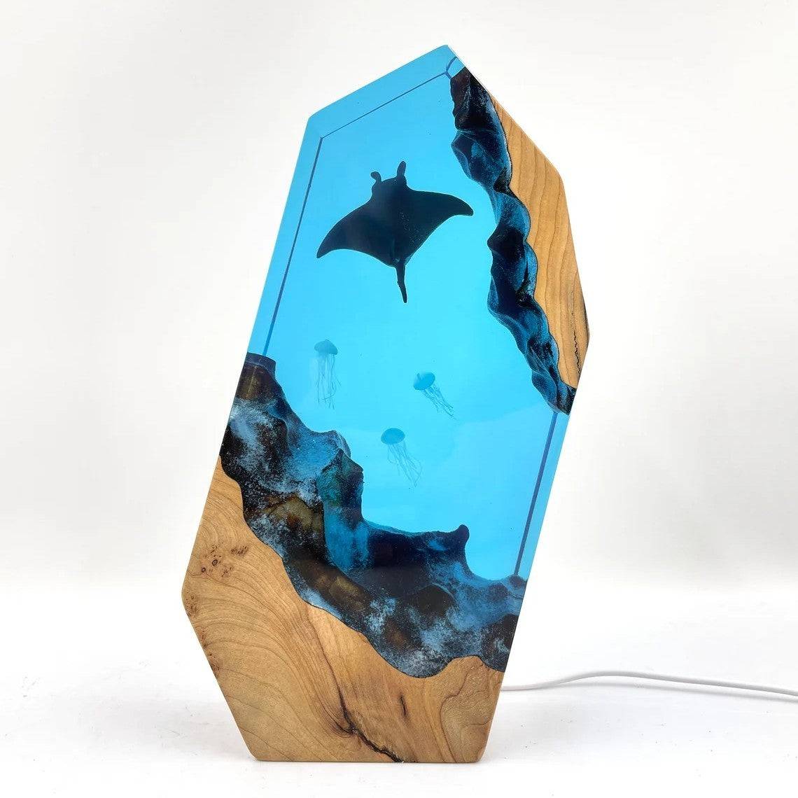 Manta Rays And Jellyfish Resin Night Light Blue Ocean Miniature - OPICRAFT