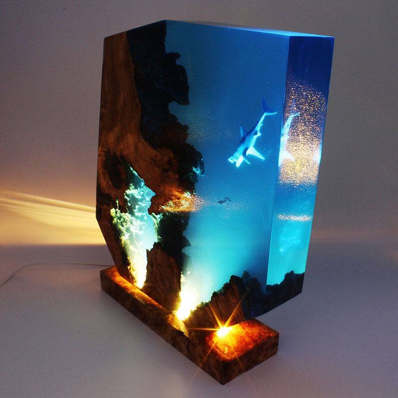 Ocean Shark Resin Night Light Diver Wooden Ornaments - OPICRAFT
