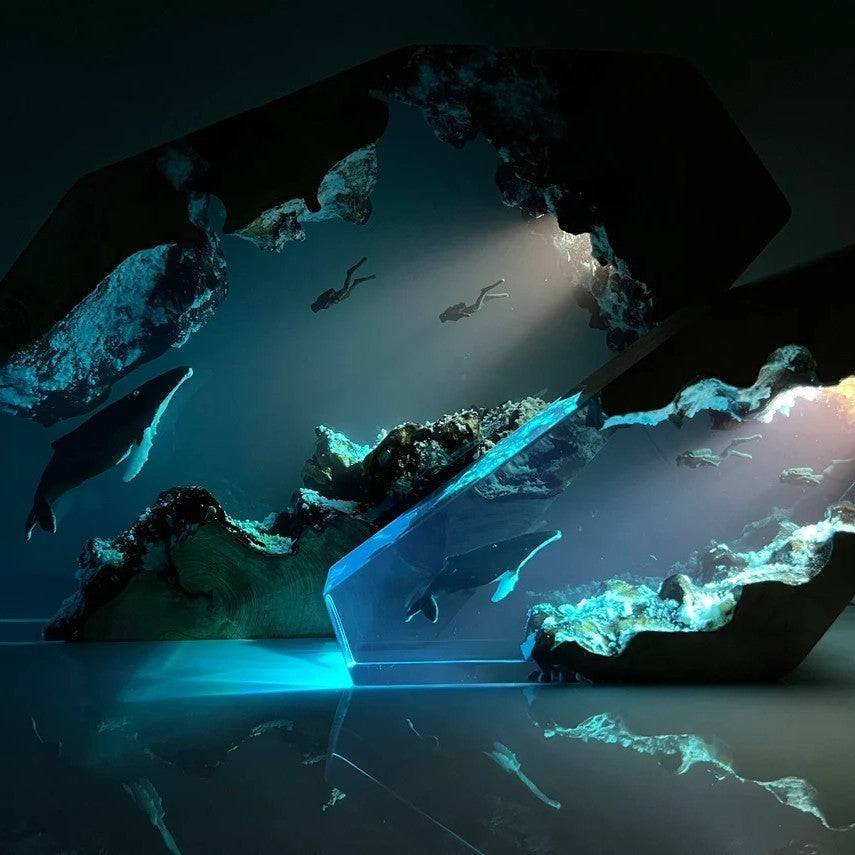 Humpback Whale Couple Diver Resin Night Light Blue Ocean Miniature - OPICRAFT
