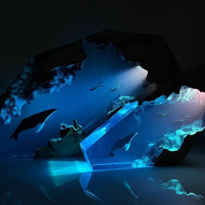 Humpback Whale Couple Diver Resin Night Light Blue Ocean Miniature - OPICRAFT