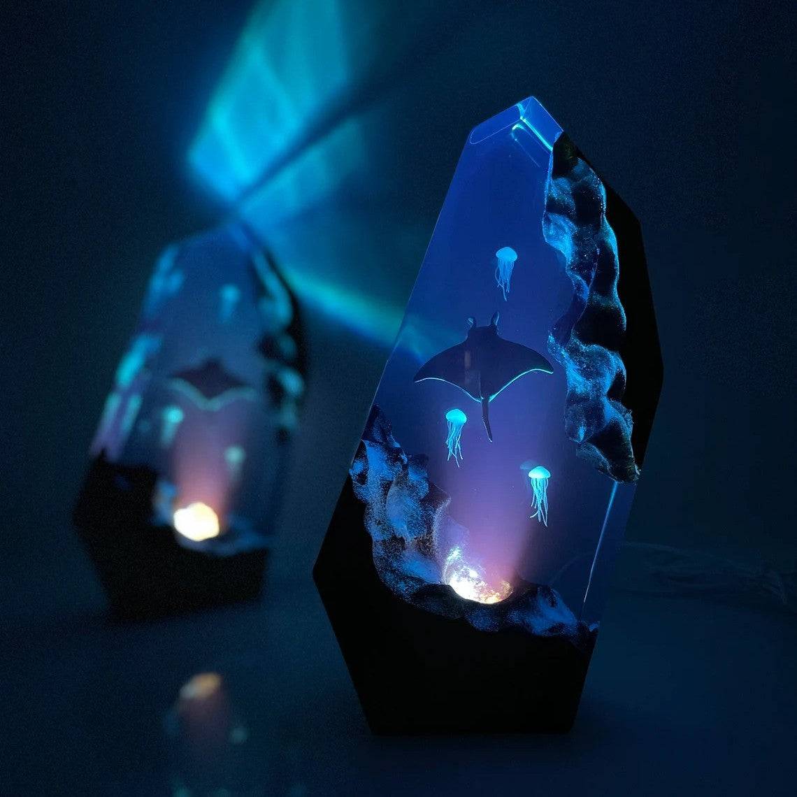 Manta Rays And Jellyfish Resin Night Light Blue Ocean Miniature - OPICRAFT