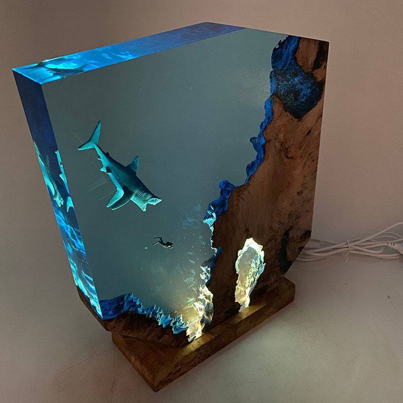Ocean Shark Resin Night Light Diver Wooden Ornaments - OPICRAFT