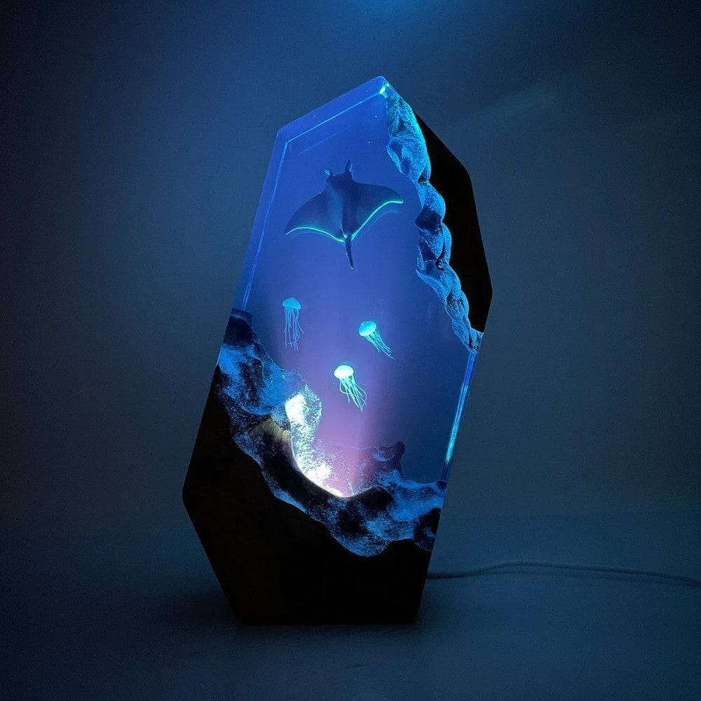 Manta Rays And Jellyfish Resin Night Light Blue Ocean Miniature - OPICRAFT