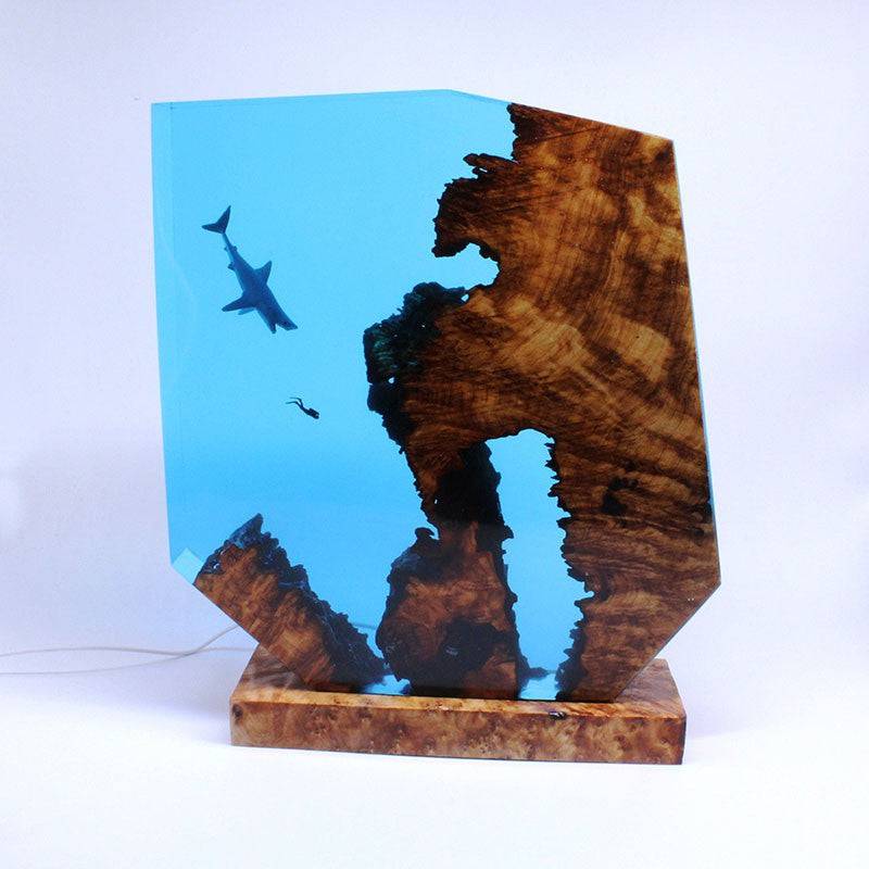 Ocean Shark Resin Night Light Diver Wooden Ornaments - OPICRAFT