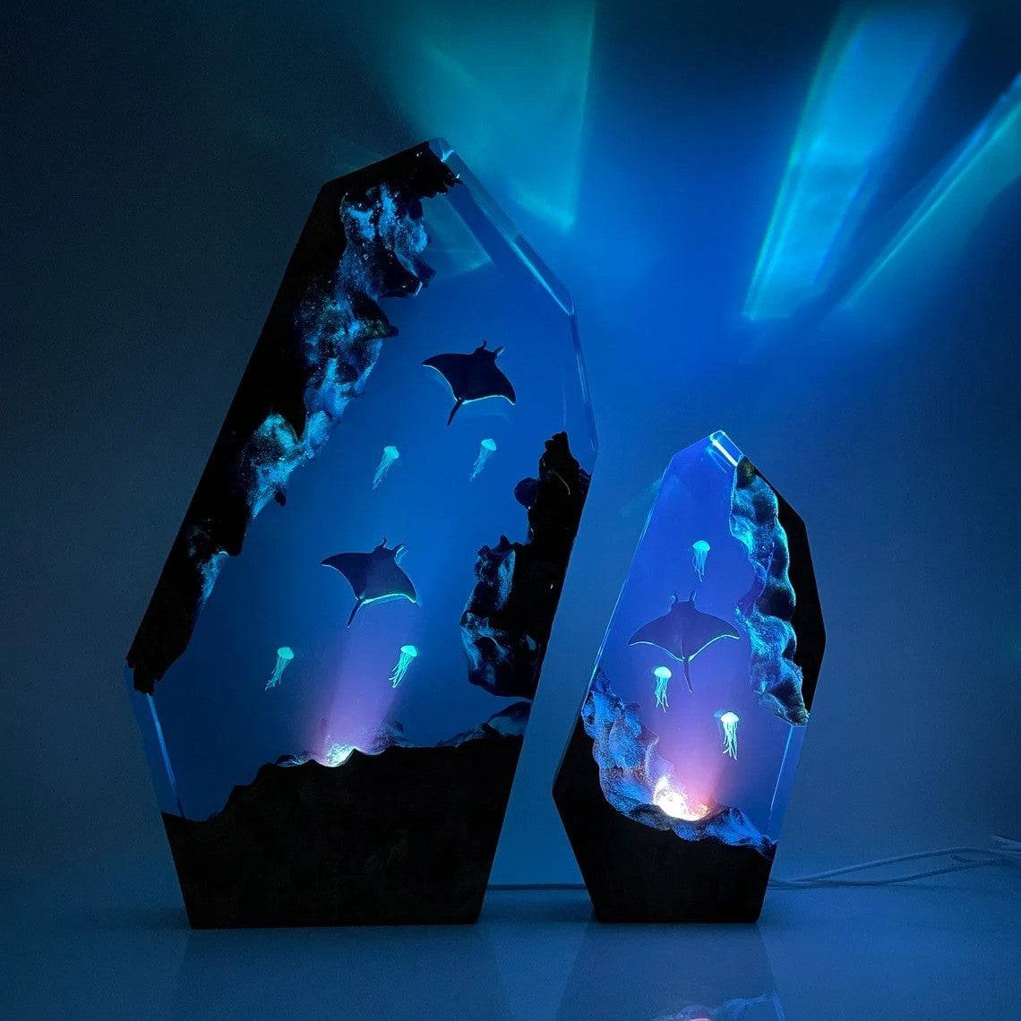 Manta Rays And Jellyfish Resin Night Light Blue Ocean Miniature - OPICRAFT