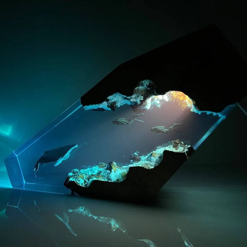 Humpback Whale Couple Diver Resin Night Light Blue Ocean Miniature - OPICRAFT
