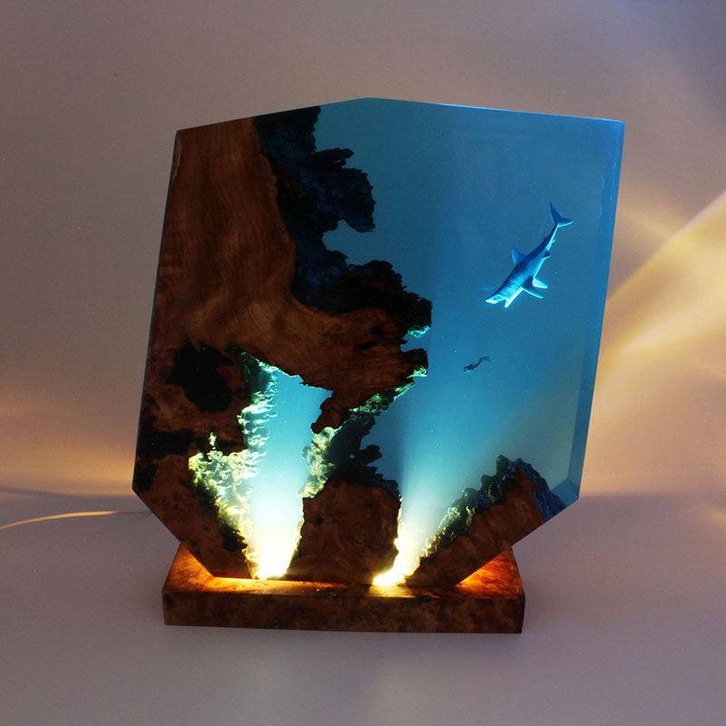 Ocean Shark Resin Night Light Diver Wooden Ornaments - OPICRAFT
