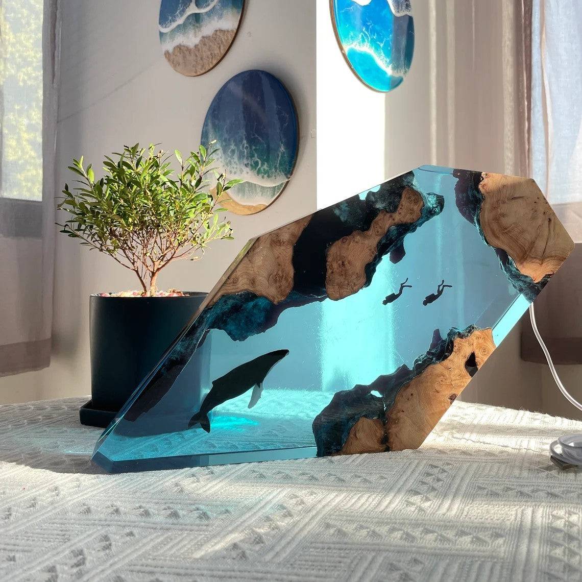 Humpback Whale Couple Diver Resin Night Light Blue Ocean Miniature - OPICRAFT