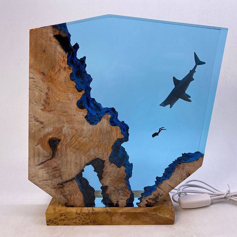 Ocean Shark Resin Night Light Diver Wooden Ornaments - OPICRAFT