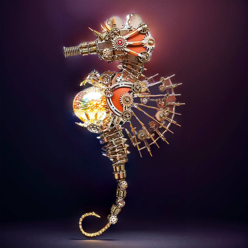 Intricate 3D Steampunk Metal Seahorse Puzzle Kit with Illuminating Lamp - 2100 Pieces of Whimsy! - OPICRAFT