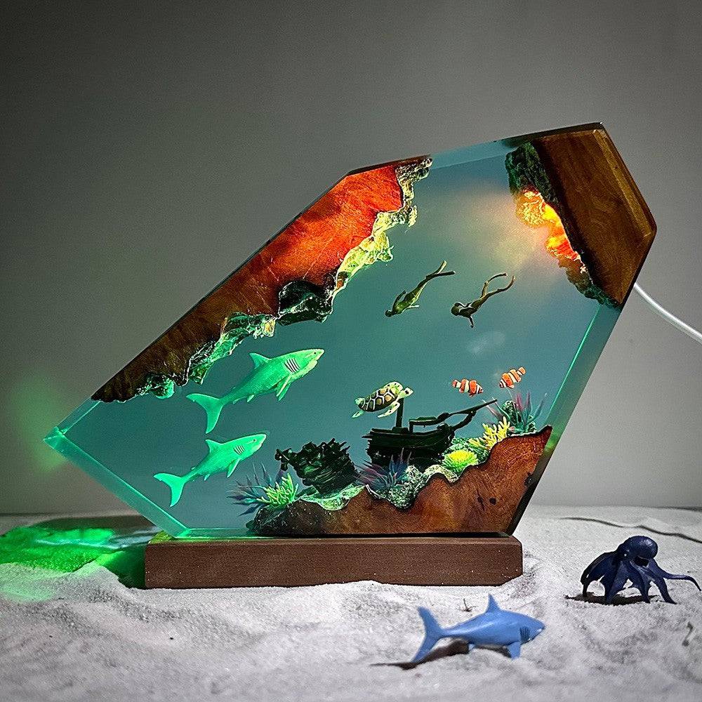 Great White Shark and Couple Divers Resin Night Light - OPICRAFT
