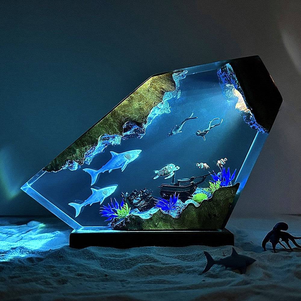 Great White Shark and Couple Divers Resin Night Light - OPICRAFT