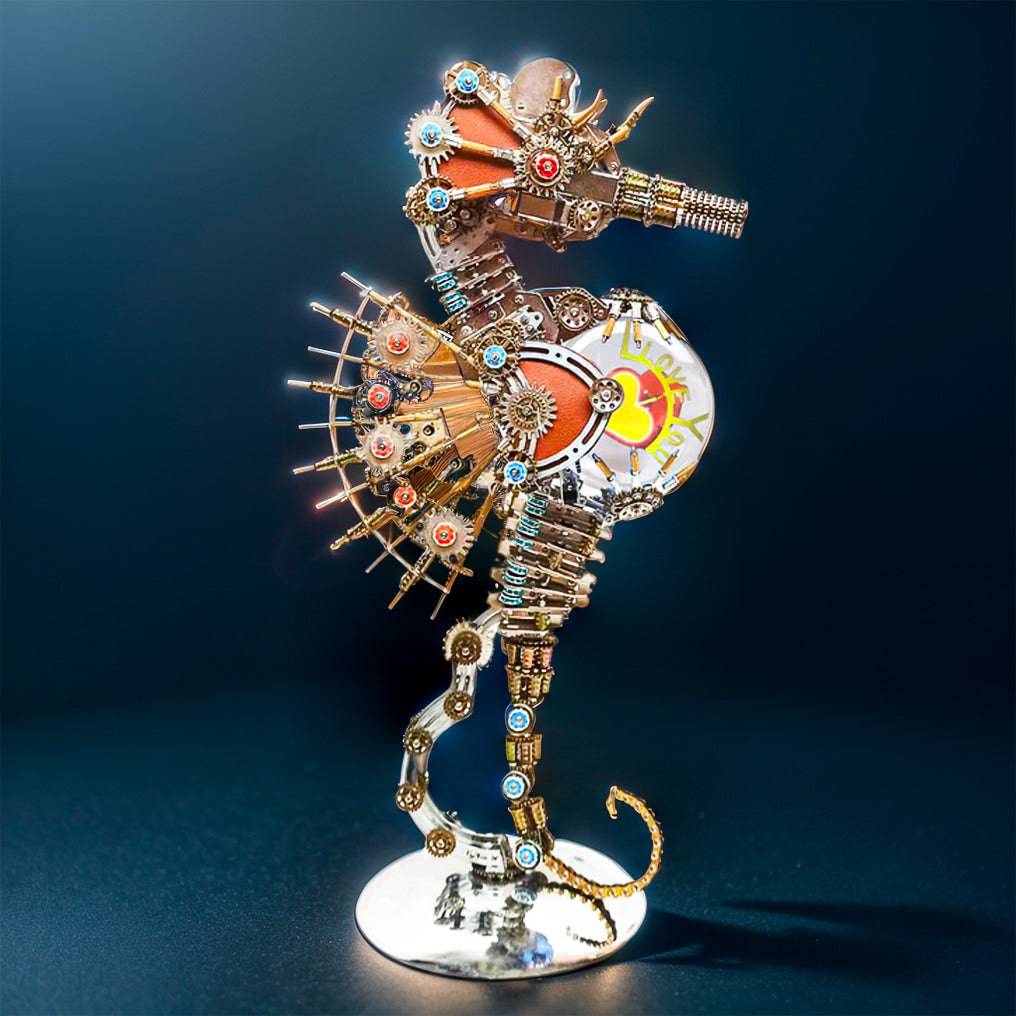 Intricate 3D Steampunk Metal Seahorse Puzzle Kit with Illuminating Lamp - 2100 Pieces of Whimsy! - OPICRAFT