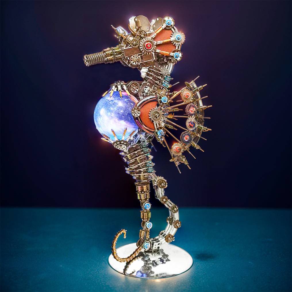 Intricate 3D Steampunk Metal Seahorse Puzzle Kit with Illuminating Lamp - 2100 Pieces of Whimsy! - OPICRAFT