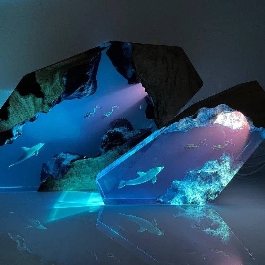 Dolphin And Couple Diver Resin Night Light Blue Ocean Miniature - OPICRAFT