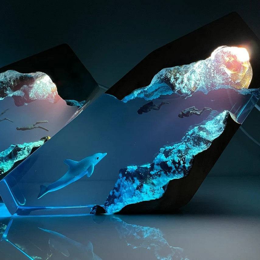 Dolphin And Couple Diver Resin Night Light Blue Ocean Miniature - OPICRAFT