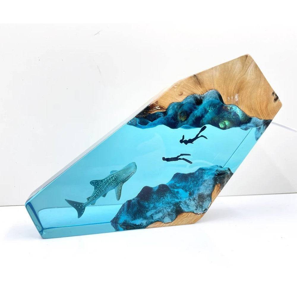 Whale Shark And Couple Diver Resin Night Light Blue Ocean Miniature - OPICRAFT