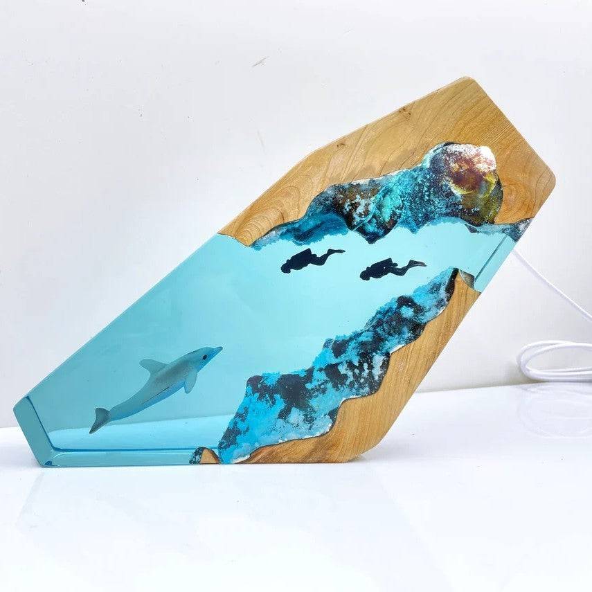 Dolphin And Couple Diver Resin Night Light Blue Ocean Miniature - OPICRAFT