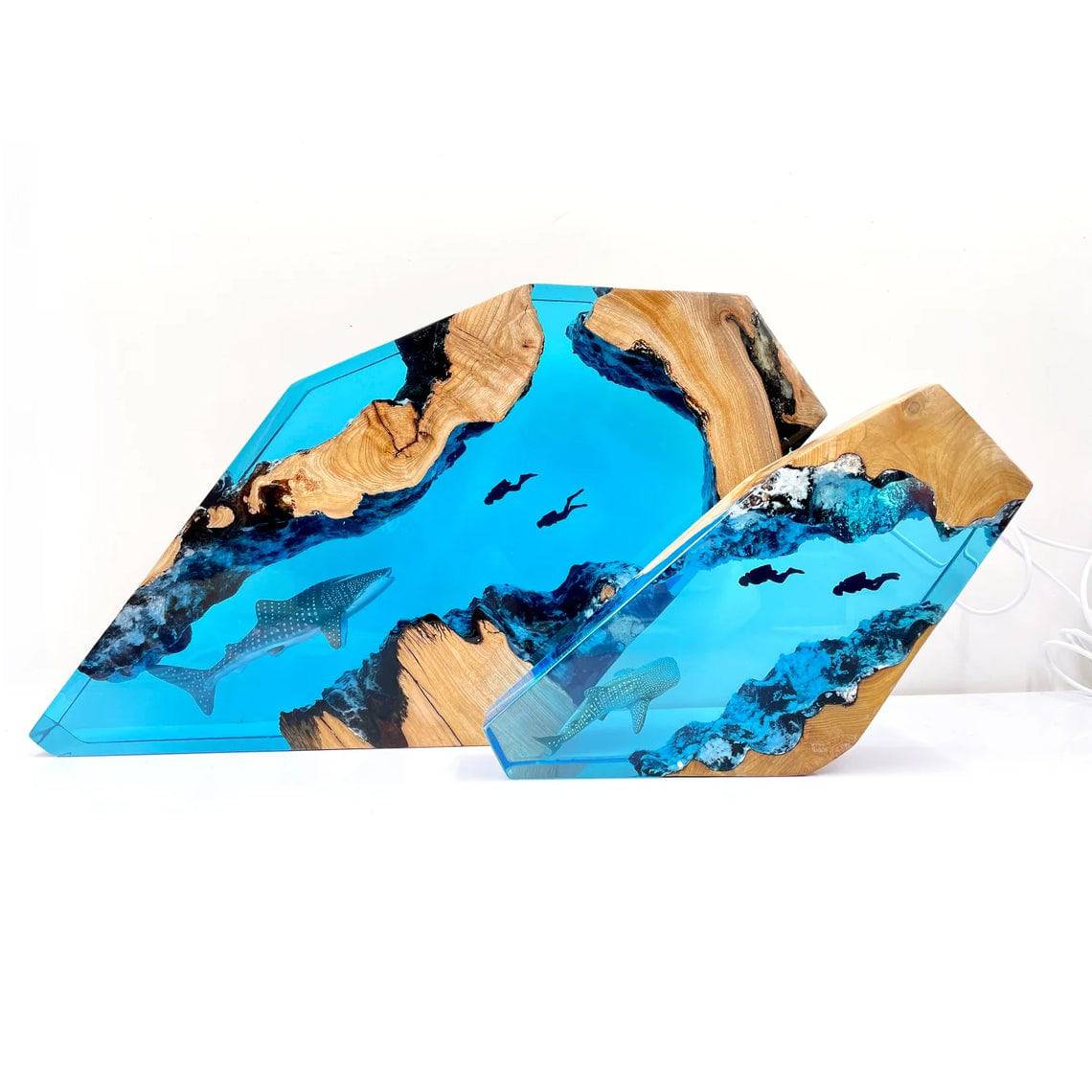 Whale Shark And Couple Diver Resin Night Light Blue Ocean Miniature - OPICRAFT