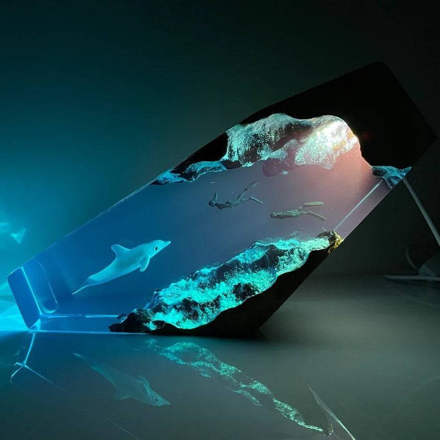Dolphin And Couple Diver Resin Night Light Blue Ocean Miniature - OPICRAFT