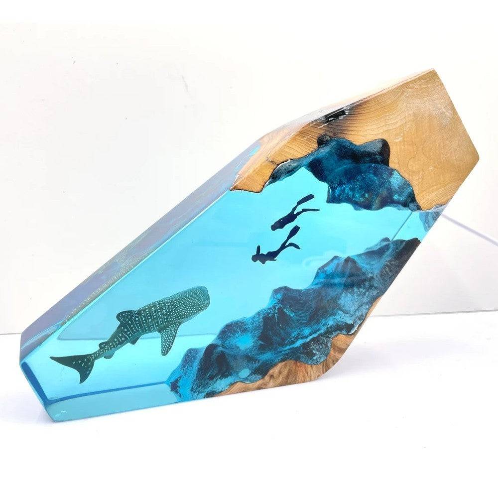 Whale Shark And Couple Diver Resin Night Light Blue Ocean Miniature - OPICRAFT