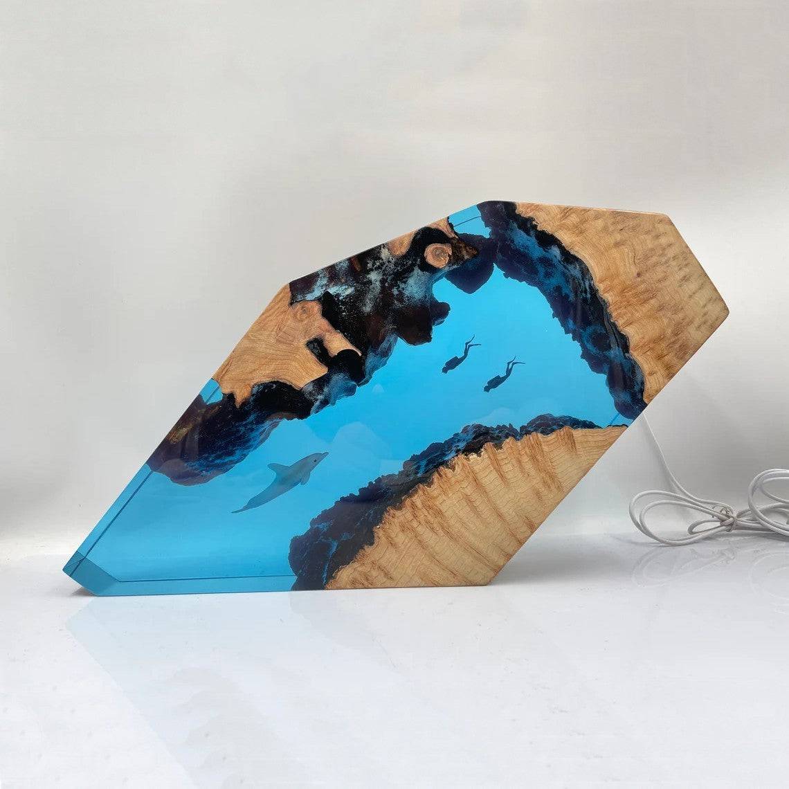 Dolphin And Couple Diver Resin Night Light Blue Ocean Miniature - OPICRAFT