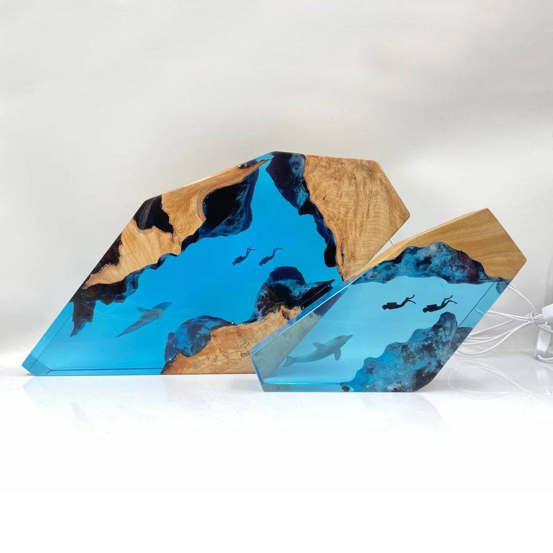 Dolphin And Couple Diver Resin Night Light Blue Ocean Miniature - OPICRAFT