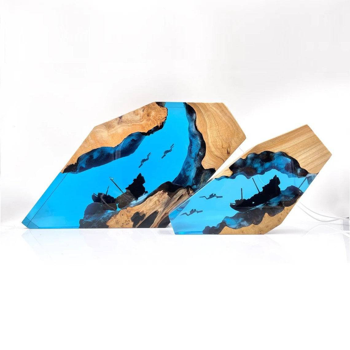 Divers Explore Shipwreck Resin Night Light Resin Wood Lamp Blue Ocean Miniature - OPICRAFT