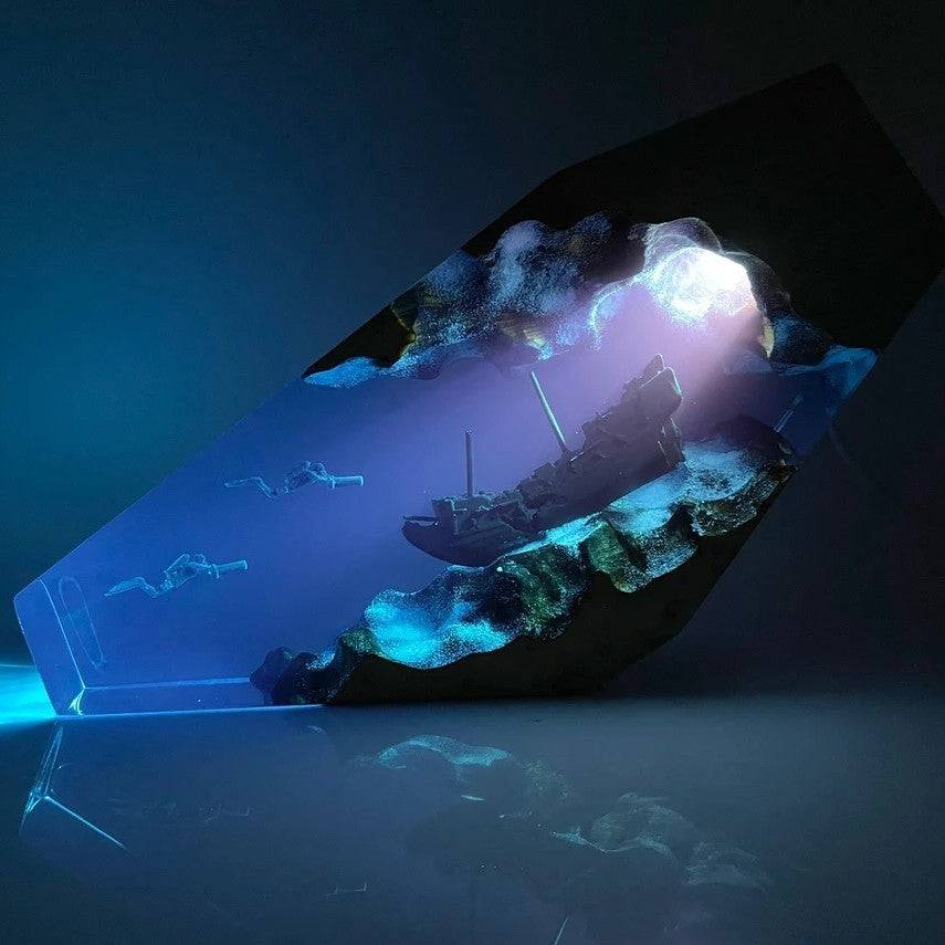 Divers Explore Shipwreck Resin Night Light Resin Wood Lamp Blue Ocean Miniature - OPICRAFT