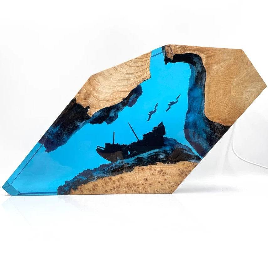 Divers Explore Shipwreck Resin Night Light Resin Wood Lamp Blue Ocean Miniature - OPICRAFT