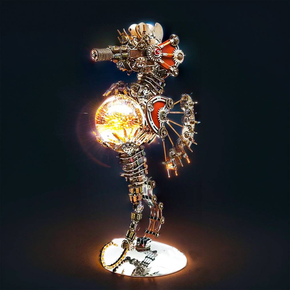 Intricate 3D Steampunk Metal Seahorse Puzzle Kit with Illuminating Lamp - 2100 Pieces of Whimsy! - OPICRAFT