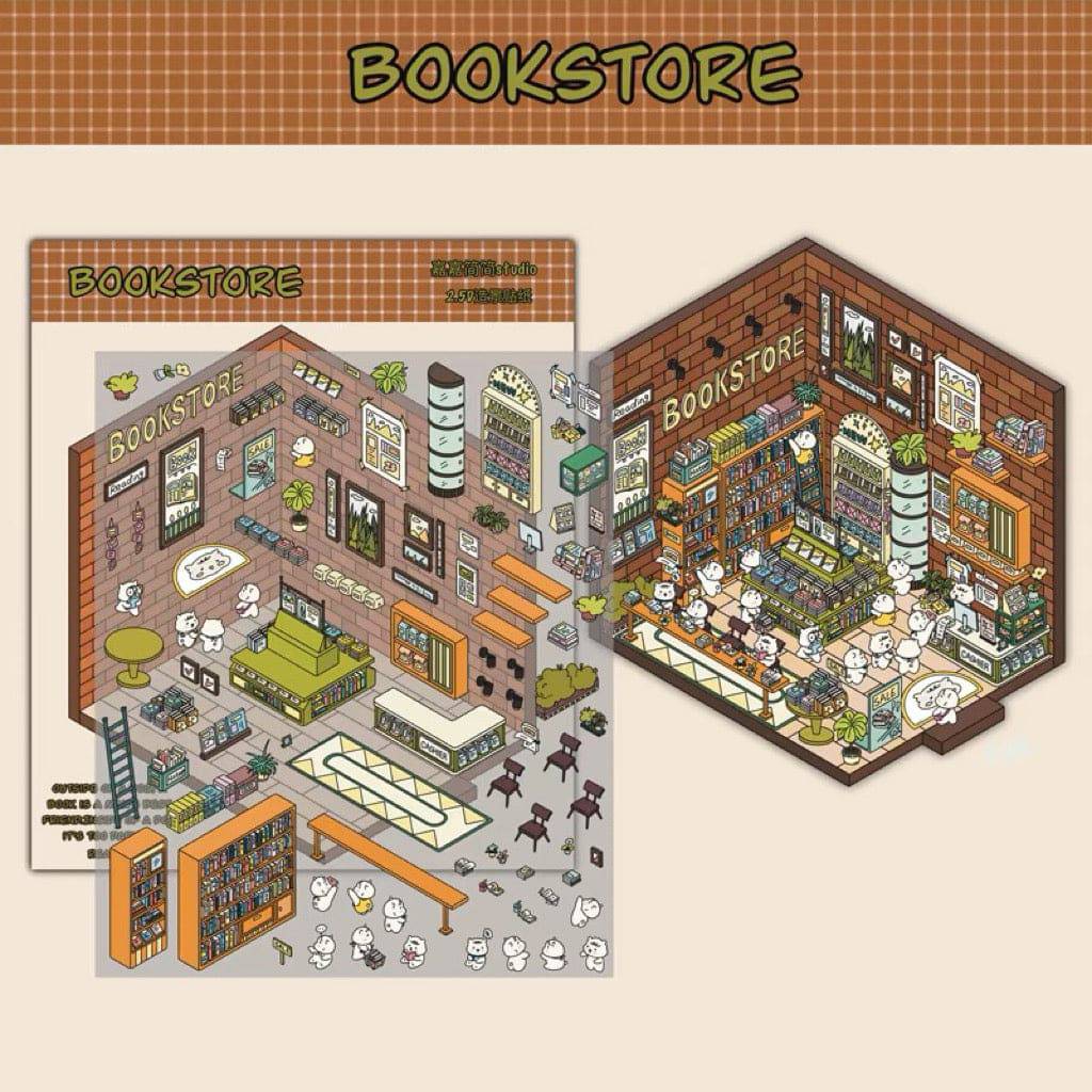 3D Miniature Scene DIY Work Time Bookstore Claw Machine Night Market Stickers - OPICRAFT