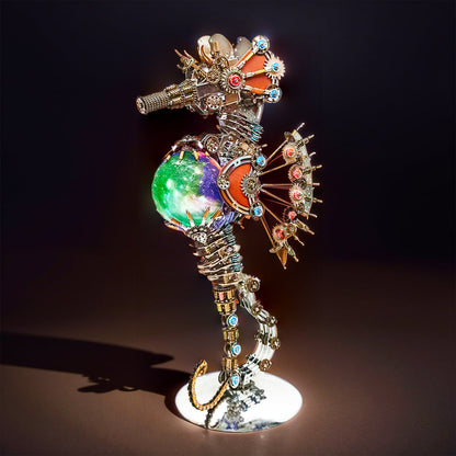 Intricate 3D Steampunk Metal Seahorse Puzzle Kit with Illuminating Lamp - 2100 Pieces of Whimsy! - OPICRAFT 