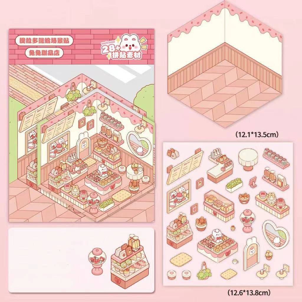 Stickers Scene, Make Cute Rabbit Dessert Shop|Rabbit Market|Bookstore|Burger Shop - OPICRAFT 